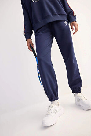 Defacto D7138 Lacivert DeFactoFit Standart Fit Sporcu Jogger İnce Eşofman Altı Beli Bağcıklı Cepli Baskılı