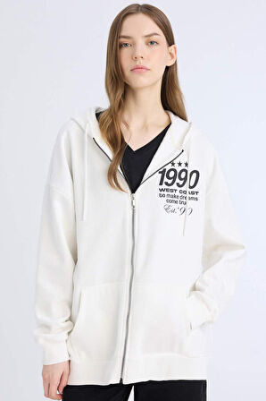 DeFacto Oversize Geniş Kalıp Kapüşonlu Baskılı Fermuarlı Kalın Sweatshirt E5991AX25SPWT32