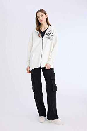 DeFacto Oversize Geniş Kalıp Kapüşonlu Baskılı Fermuarlı Kalın Sweatshirt E5991AX25SPWT32