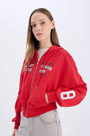 DeFacto Coool Oversize Geniş Kalıp Kapüşonlu Baskılı Kalın Fermuarlı Sweat Hırka E5463AX25SMRD59