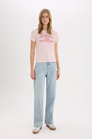 Regular Fit Bisiklet Yaka Baskılı Ribana Kısa Kollu Tişört