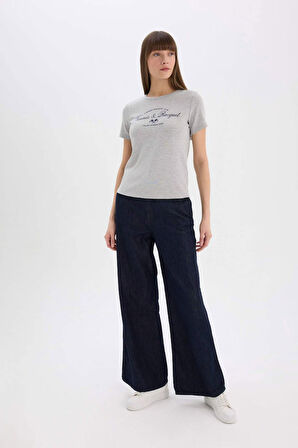 Regular Fit Bisiklet Yaka Slogan Baskılı Casual Ribana Kısa Kollu Tişört