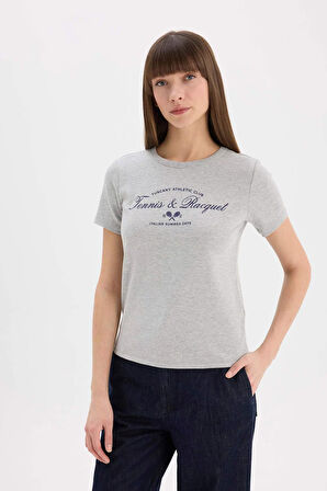 Regular Fit Bisiklet Yaka Slogan Baskılı Casual Ribana Kısa Kollu Tişört