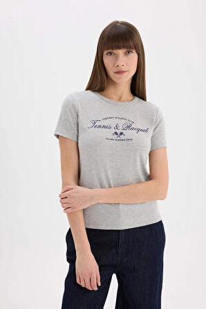 Regular Fit Bisiklet Yaka Slogan Baskılı Casual Ribana Kısa Kollu Tişört