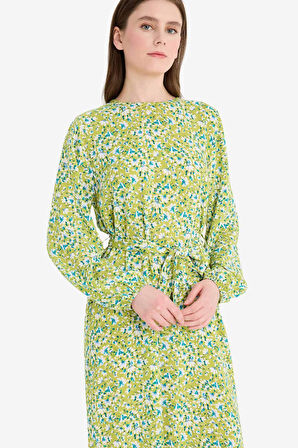 Regular Fit Bisiklet Yaka Çiçek Desenli Uzun Kollu Maxi Elbise