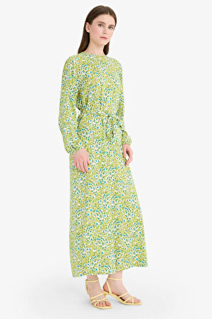 Regular Fit Bisiklet Yaka Çiçek Desenli Uzun Kollu Maxi Elbise