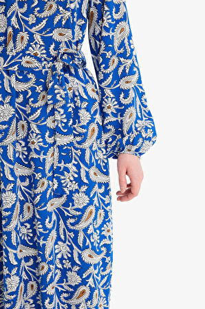 Regular Fit Bisiklet Yaka Çiçek Desenli Uzun Kollu Maxi Elbise