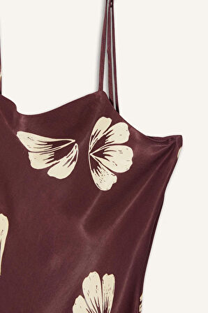 DeFacto Degaje Yaka Çiçek Desenli Saten Askılı Midi Elbise E6901AX24WNBR27