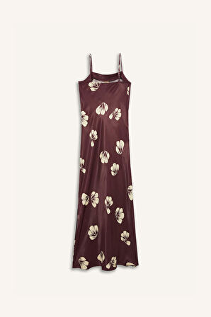 DeFacto Degaje Yaka Çiçek Desenli Saten Askılı Midi Elbise E6901AX24WNBR27