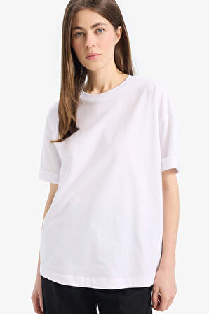DeFacto Oversize Geniş Kalıp Bisiklet Yaka Penye Basic Düz Kısa Kollu Beyaz Tişört C0099AX25SPWT34