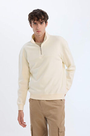 Relax Fit Dik Yaka Fermuarlı Basic Düz Kalın Sweatshirt