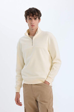 Relax Fit Dik Yaka Fermuarlı Basic Düz Kalın Sweatshirt