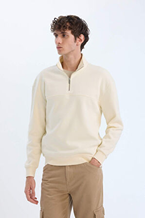 Relax Fit Dik Yaka Fermuarlı Basic Düz Kalın Sweatshirt