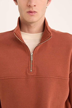 DeFacto Relax Fit Dik Yaka Fermuarlı Basic Düz Kalın Sweatshirt E5334AX24WNBN52