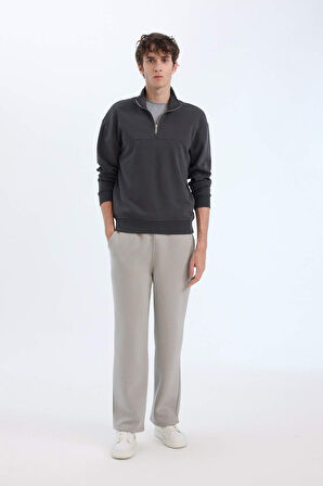 DeFacto Relax Fit Dik Yaka Fermuarlı Basic Düz Kalın Sweatshirt E5334AX24WNAR211
