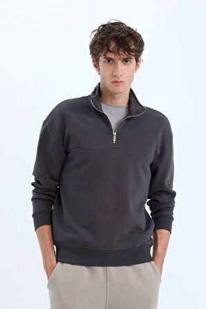 DeFacto Relax Fit Dik Yaka Fermuarlı Basic Düz Kalın Sweatshirt E5334AX24WNAR211