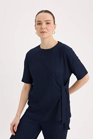 Traditional Relax Fit Bisiklet Yaka Bürümcük Kısa Kollu Tişört