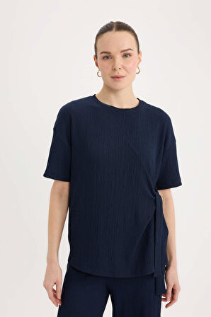 Traditional Relax Fit Bisiklet Yaka Bürümcük Kısa Kollu Tişört