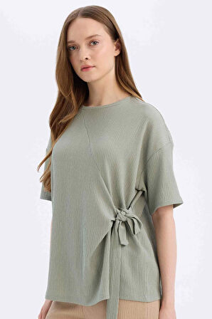 Relax Fit Bisiklet Yaka Basic Düz Bürümcük Kısa Kollu Tişört