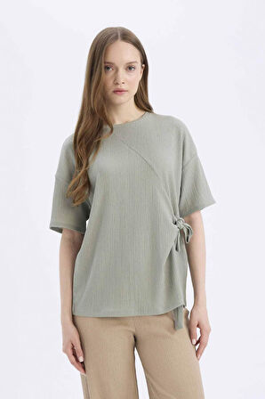 Relax Fit Bisiklet Yaka Basic Düz Bürümcük Kısa Kollu Tişört