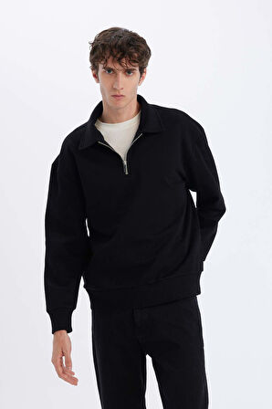 DeFacto Relax Fit Polo Yaka Fermuarlı Basic Düz Kalın Sweatshirt E5333AX24WNBK81