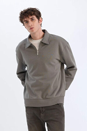 DeFacto Relax Fit Polo Yaka Fermuarlı Basic Düz Kalın Sweatshirt E5333AX24WNGR83