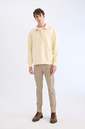 Relax Fit Polo Yaka Fermuarlı Basic Düz Kalın Sweatshirt