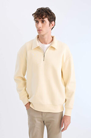 Relax Fit Polo Yaka Fermuarlı Basic Düz Kalın Sweatshirt
