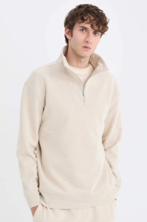 DeFacto Relax Fit Dik Yaka Fermuarlı Basic Düz Kalın Sweatshirt E5332AX24WNBG786