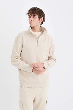 DeFacto Relax Fit Dik Yaka Fermuarlı Basic Düz Kalın Sweatshirt E5332AX24WNBG786