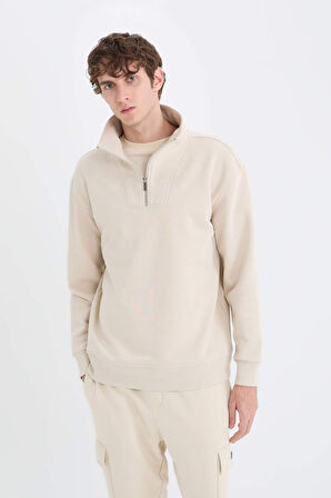 DeFacto Relax Fit Dik Yaka Fermuarlı Basic Düz Kalın Sweatshirt E5332AX24WNBG786