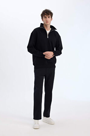 DeFacto Relax Fit Dik Yaka Fermuarlı Basic Düz Kalın Sweatshirt E5332AX24WNBK81
