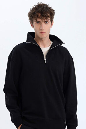 DeFacto Relax Fit Dik Yaka Fermuarlı Basic Düz Kalın Sweatshirt E5332AX24WNBK81