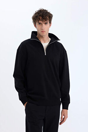 DeFacto Relax Fit Dik Yaka Fermuarlı Basic Düz Kalın Sweatshirt E5332AX24WNBK81