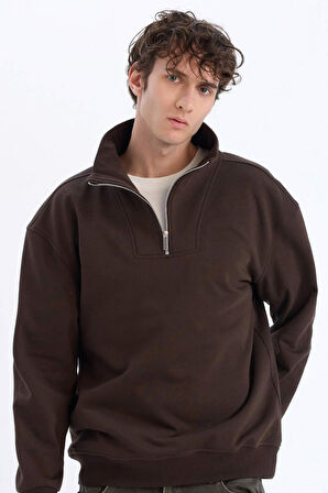 DeFacto Relax Fit Dik Yaka Fermuarlı Basic Düz Kalın Sweatshirt E5332AX24WNBN305