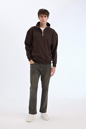 DeFacto Relax Fit Dik Yaka Fermuarlı Basic Düz Kalın Sweatshirt E5332AX24WNBN305