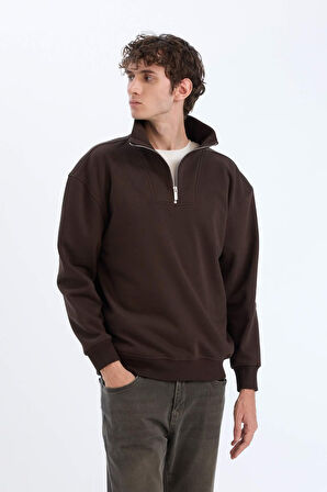 DeFacto Relax Fit Dik Yaka Fermuarlı Basic Düz Kalın Sweatshirt E5332AX24WNBN305