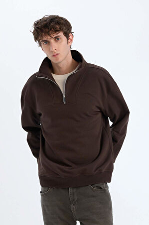 DeFacto Relax Fit Dik Yaka Fermuarlı Basic Düz Kalın Sweatshirt E5332AX24WNBN305