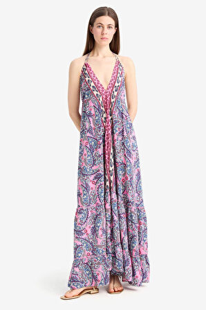 Regular Fit Etnik Desenli Boyundan Bağlamalı Maxi Plaj Elbisesi-Fall in Love