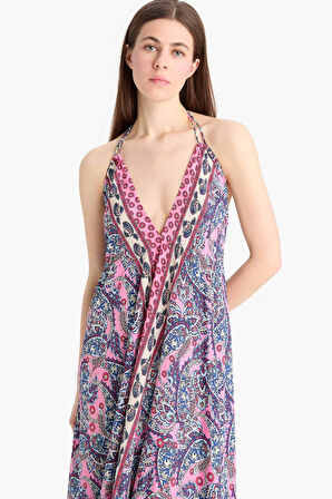 Regular Fit Etnik Desenli Boyundan Bağlamalı Maxi Plaj Elbisesi-Fall in Love