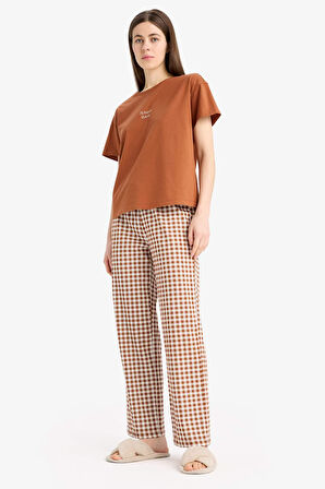 DeFacto Pijama Takımı Kısa Kollu Pijama Üstü Esnek Belli Uzun Kareli Pijama Altı-Fall in Love E4830AX25SPBN125