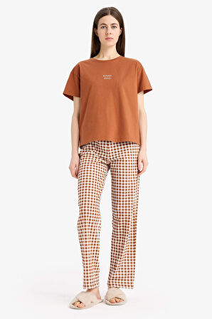 DeFacto Pijama Takımı Kısa Kollu Pijama Üstü Esnek Belli Uzun Kareli Pijama Altı-Fall in Love E4830AX25SPBN125