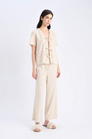 DeFacto Pijama Takımı Keten Kısa Kollu Üst Esnek Belli Altı-Fall in Love E3571AX25SPBG778