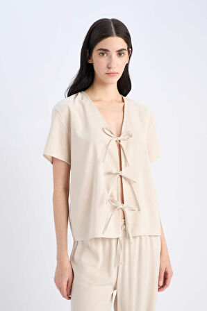 DeFacto Pijama Takımı Keten Kısa Kollu Üst Esnek Belli Altı-Fall in Love E3571AX25SPBG778