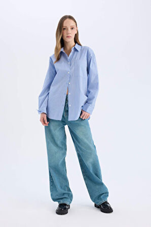 Coool Oversize Geniş Kalıp Çizgili Poplin Uzun Kollu Gömlek