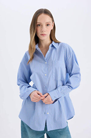 DeFacto Coool Oversize Geniş Kalıp Çizgili Poplin Uzun Kollu Gömlek E5329AX25SPBE419