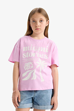 Kız Çocuk Relax Fit Bisiklet Yaka Baskılı 2'li Kısa Kollu Tişört