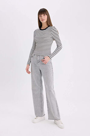 Slim Fit Dar Kesim Bisiklet Yaka Çizgili Uzun Kollu Tişört