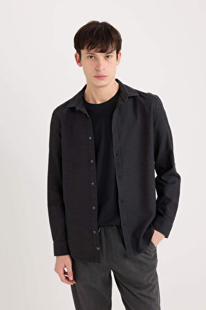 DeFacto Slim Fit Dar Kesim Pamuklu Basic Düz Uzun Kollu Siyah Gömlek A4644AX25SPBK81