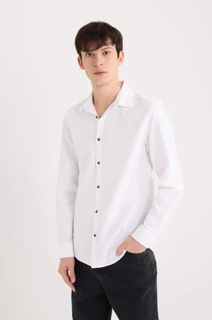 DeFacto Slim Fit Dar Kesim Pamuklu Basic Düz Uzun Kollu Beyaz Gömlek A4644AX25SPWT34